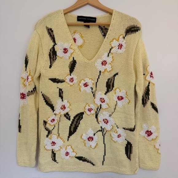 Adrienne Vittadini Sweaters - Adrienne Vittadini Cottagecore Sweater Yellow Sz S Floral Embroidered Knit VNeck